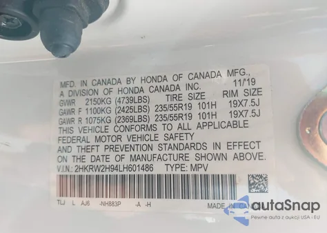 2020 Honda Cr-V Awd Touring z USA, uszkodzony, nr VIN 2HKRW2H94LH601486